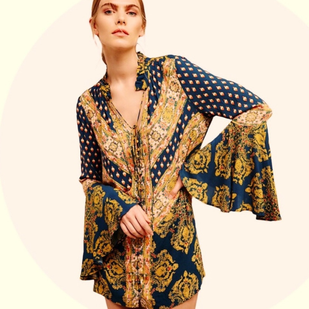 Free People Mixed Print Boho Blouse